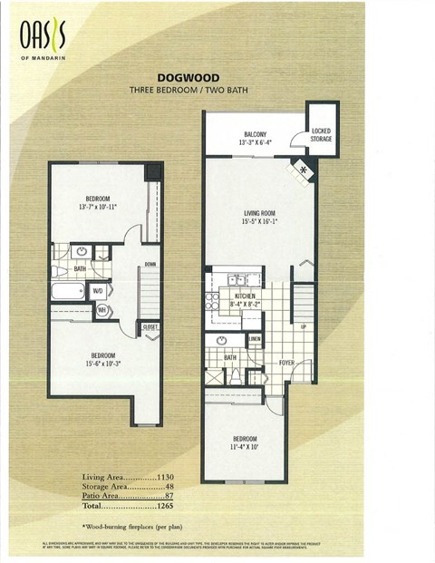 Floor plan for 3 beds, 2 baths, 1265 sqft